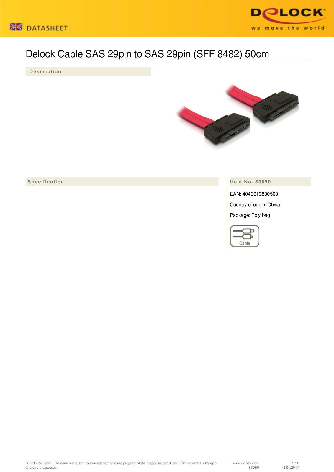 DeLOCK SAS  SFF-8482  Kabel, 0.5m User Manual