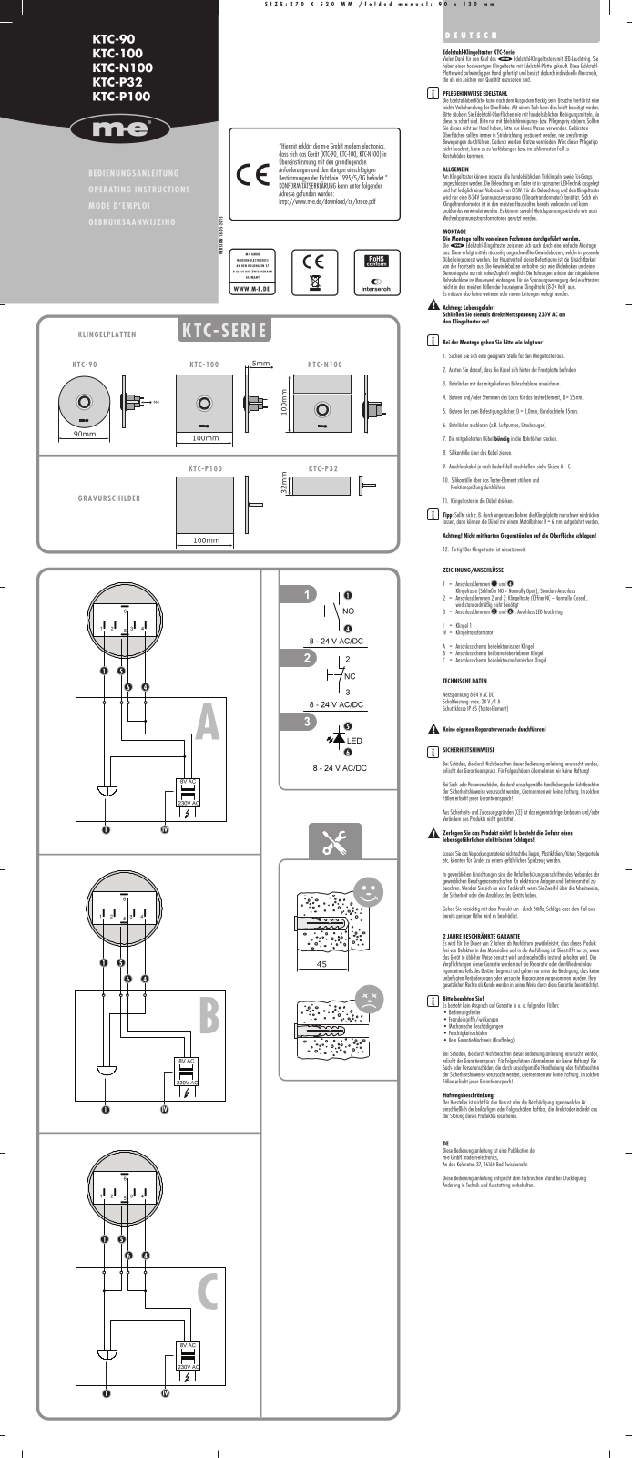 m-e modern-electronics KTC-90, KTC-100, KTC-N100, KTC-P32, KTC-P100 Operating Instructions