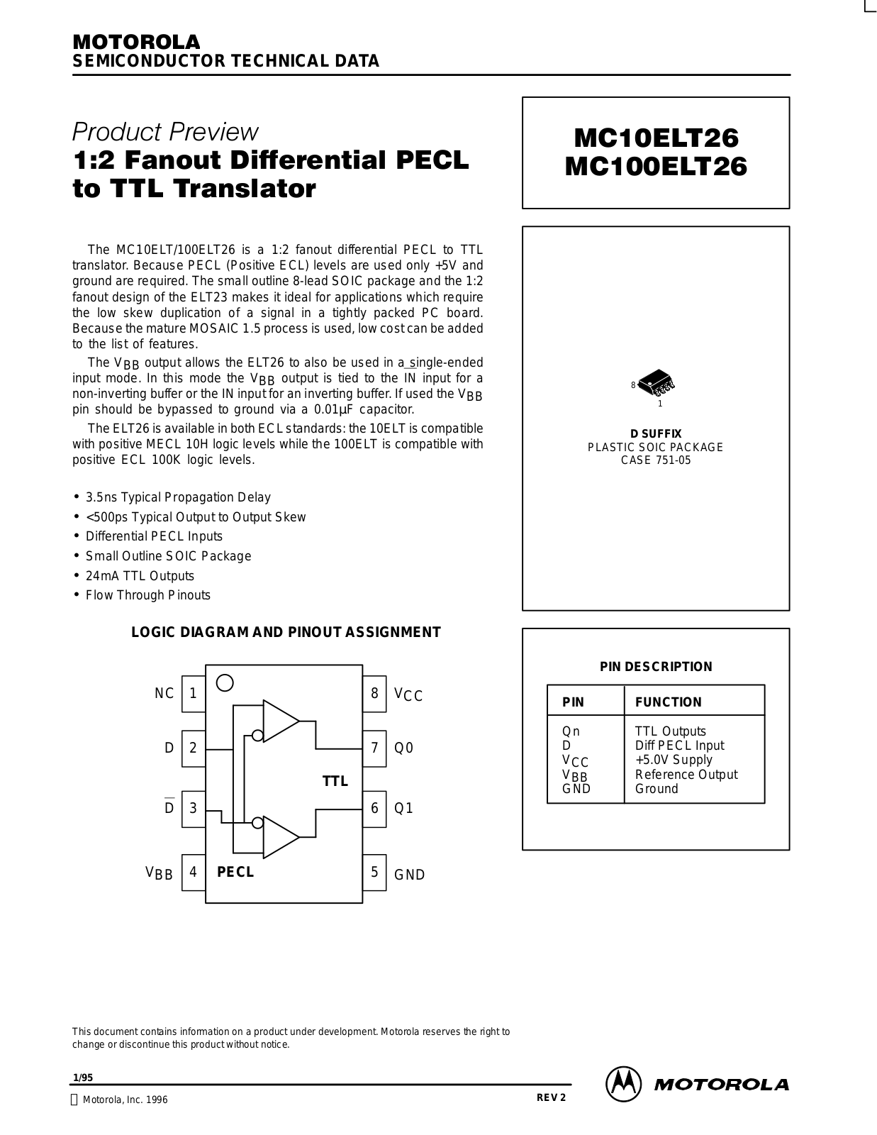 Motorola MC10ELT26D, MC100ELT26D Datasheet