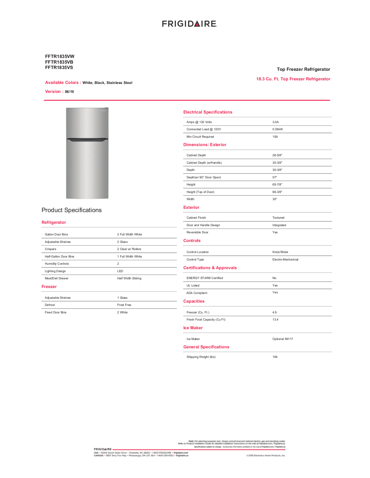 Frigidaire FFTR1835VW PRODUCT SPECIFICATIONS