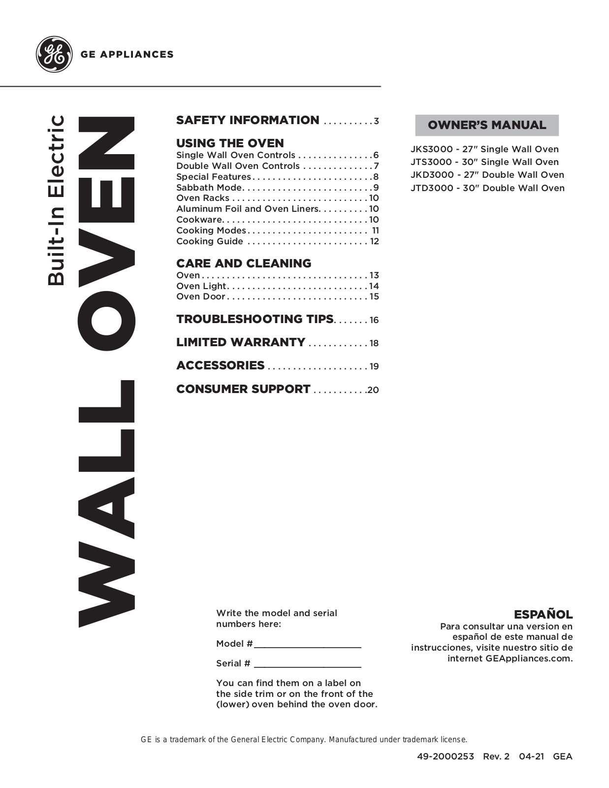 GE JKS3000, JTS3000, JKD3000, JTD3000 Owner’s Manual