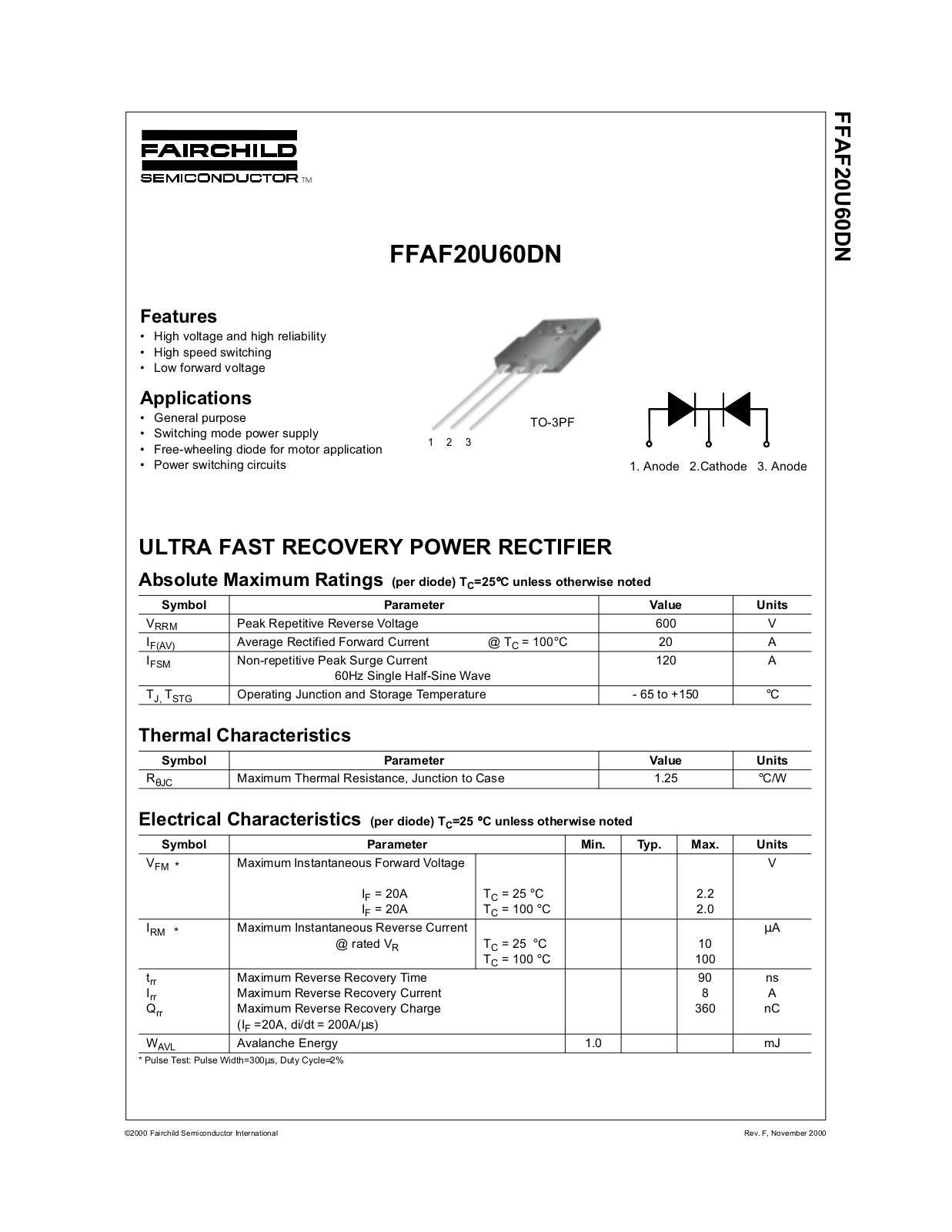 Fairchild Semiconductor FFAF20U60DN Datasheet