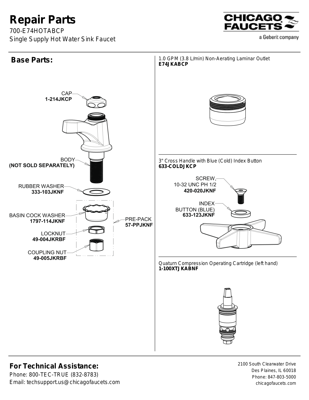 Chicago Faucet 700-E74HOTABCP Parts List