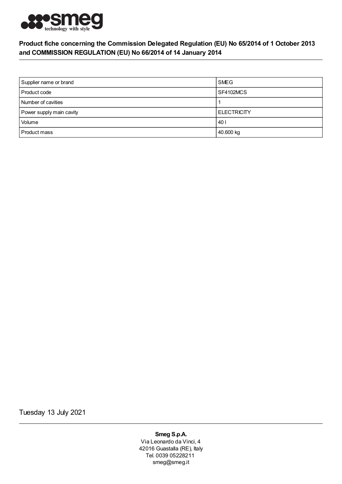 Smeg SF4102MCS product information sheet