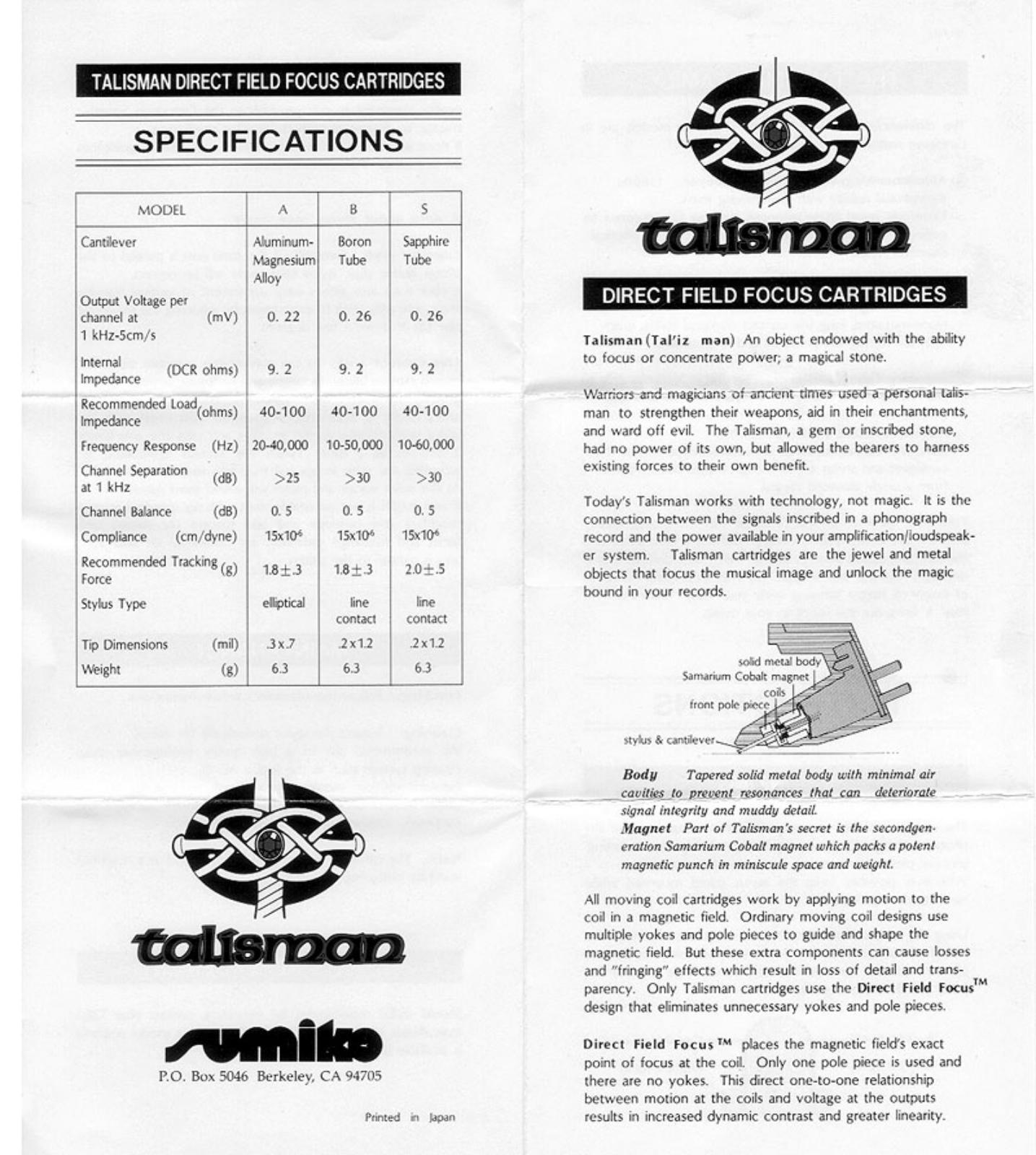 Sumiko Talisman Owners manual