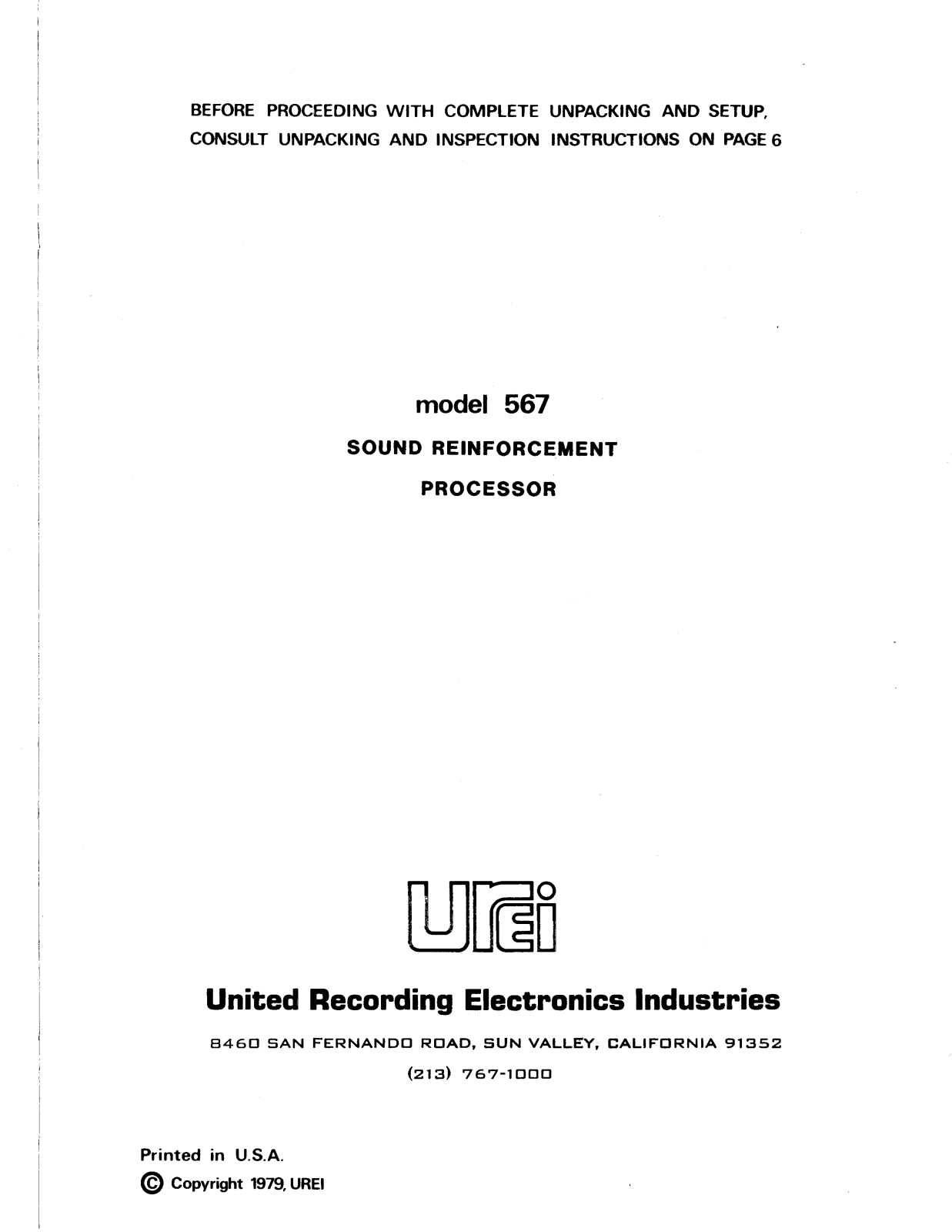 JBL UREI 567 User Manual