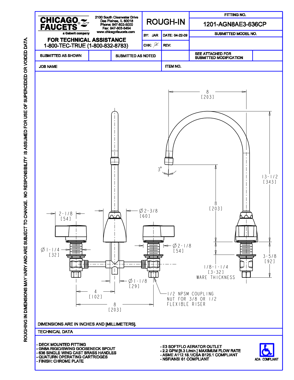 Chicago Faucet 1201-AGN8AE3-636 User Manual