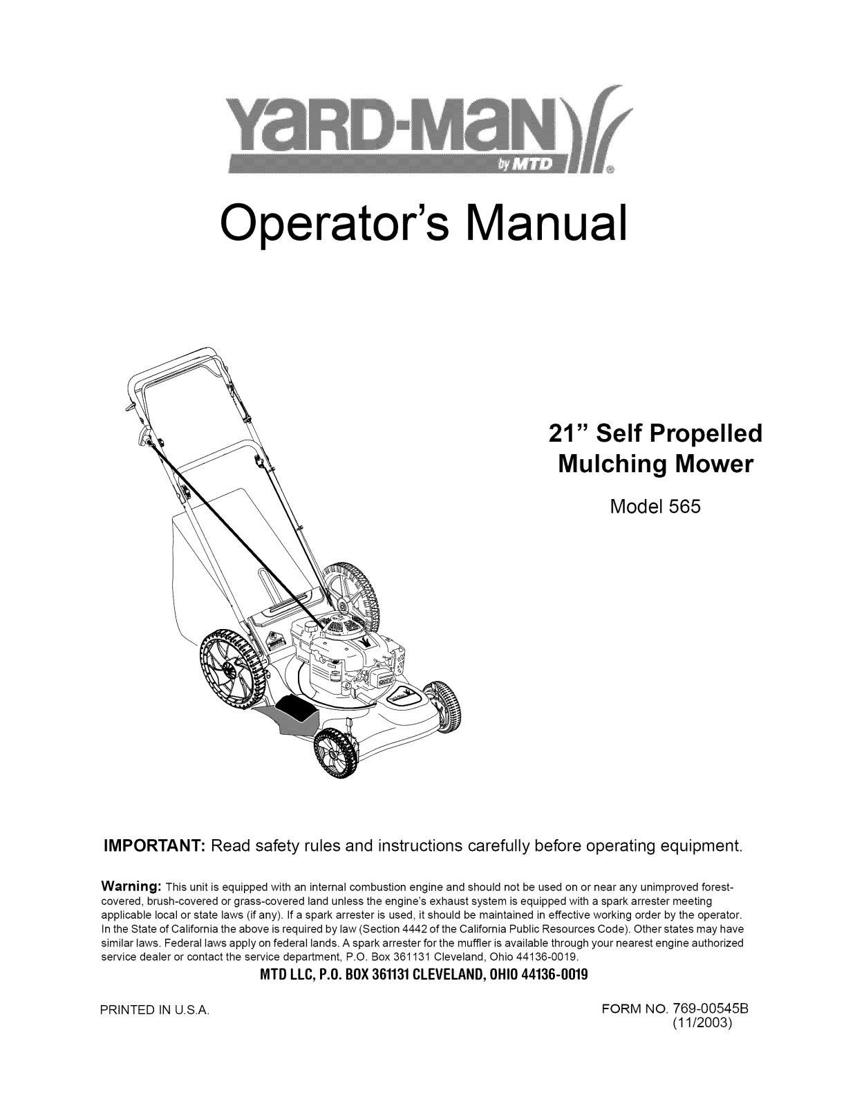 Yard-Man 12A-565I701, 12A-565I755 Owner’s Manual