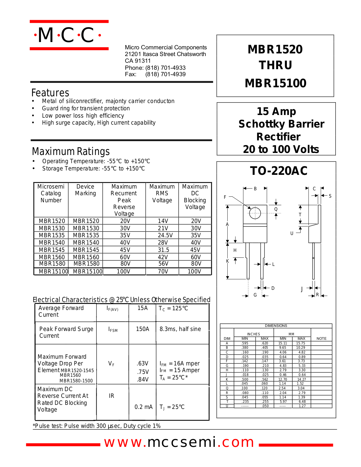 MCC MBR1535, MBR1520, MBR1530, MBR1580, MBR1545 Datasheet