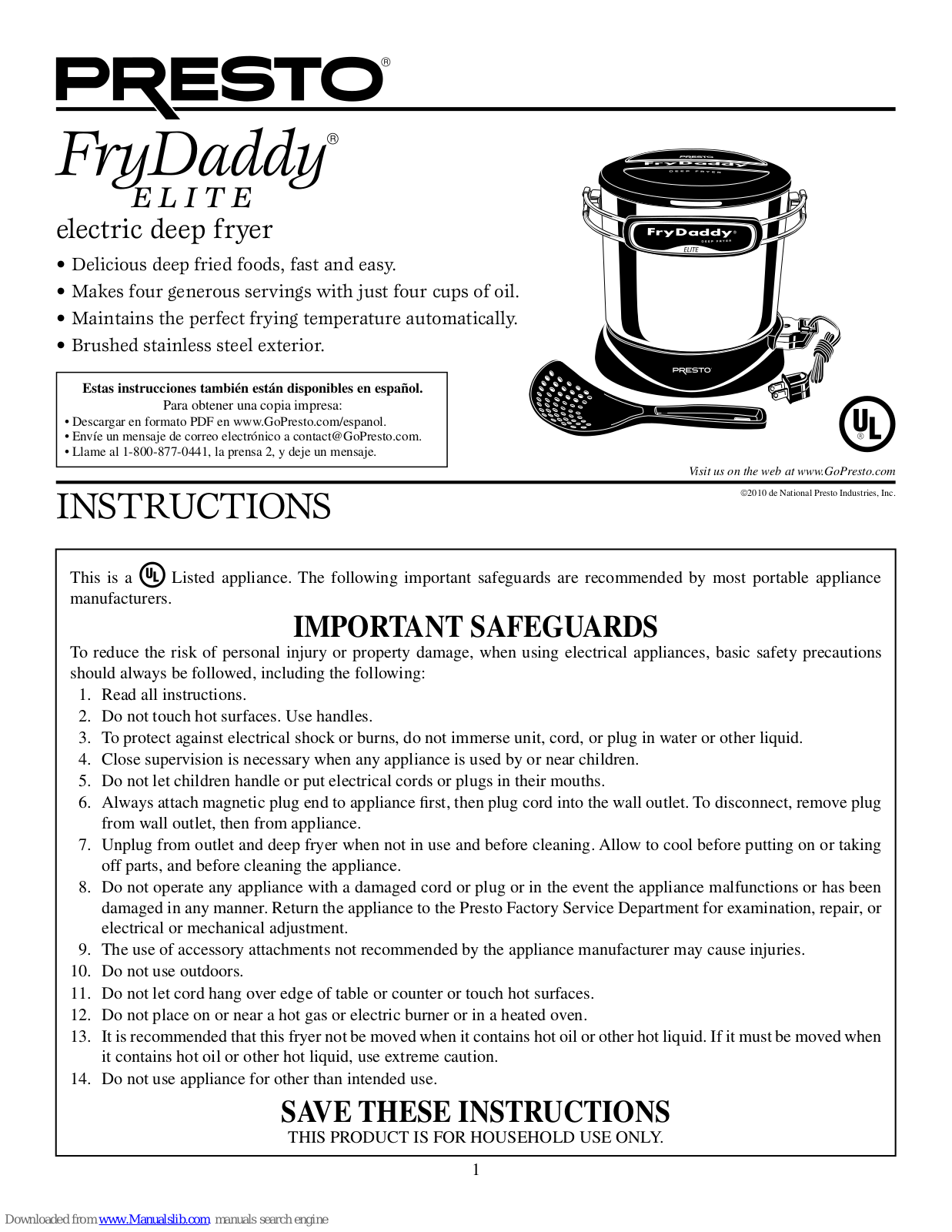 Presto GranPappy E L I T E electric deep fryer Instructions Manual