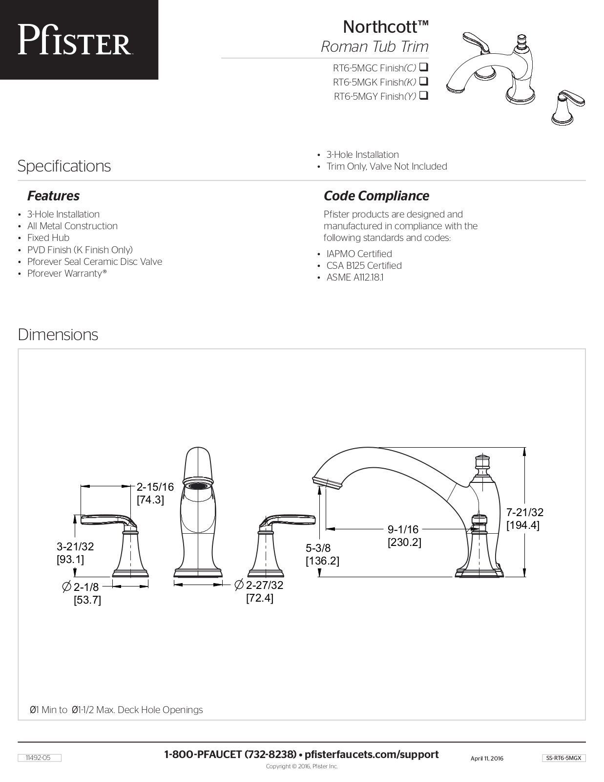 Pfister PPR3238 Specifications - ManualMachine.com