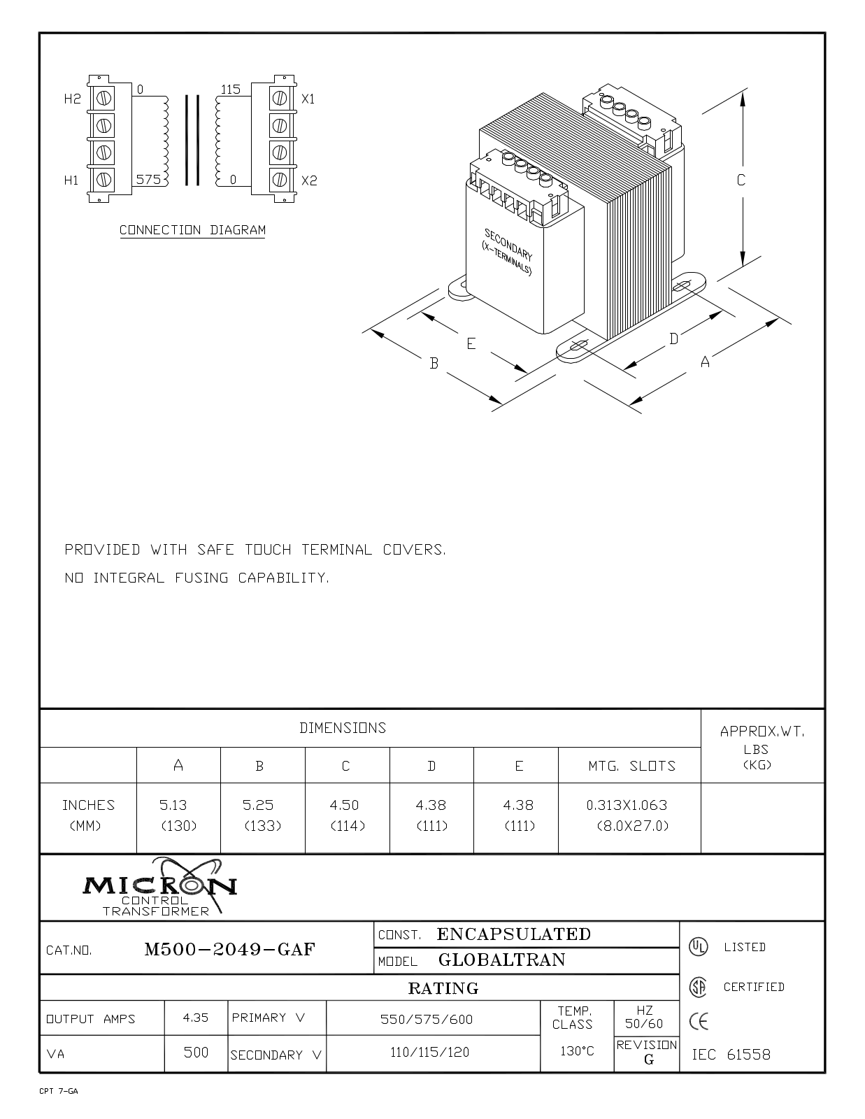 Micron Industries B500-2049-GAF Specification Sheet