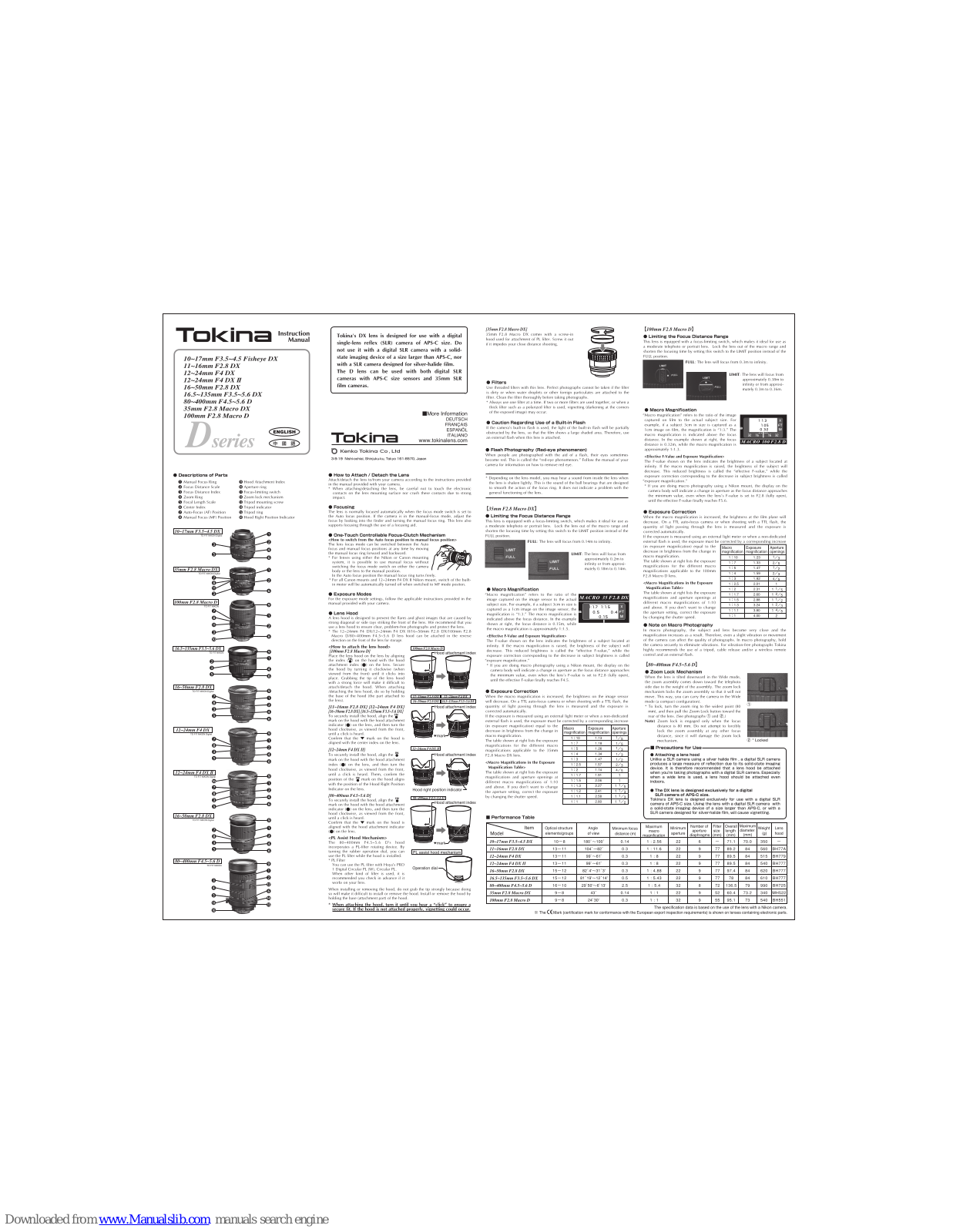 Tokina 16.5-135mm f3.5-5.6 dx, 12-24mm f4 dx II, 10-17 mm f3.5-4.5 fisheye dx, 11-16 mm f2.8 dx, 16-50mm f2.8 dx Instruction Manual