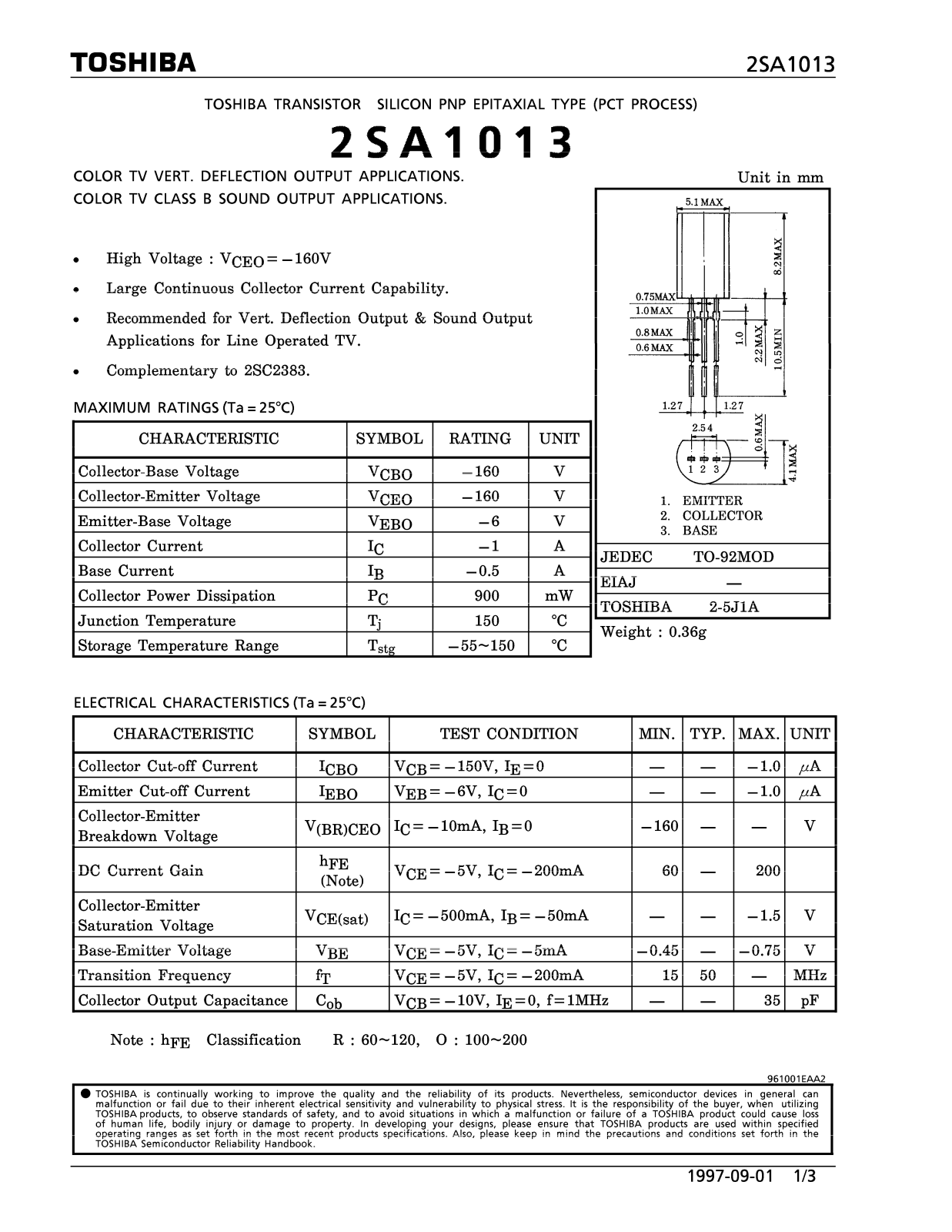 Toshiba 2SA1013 Datasheet