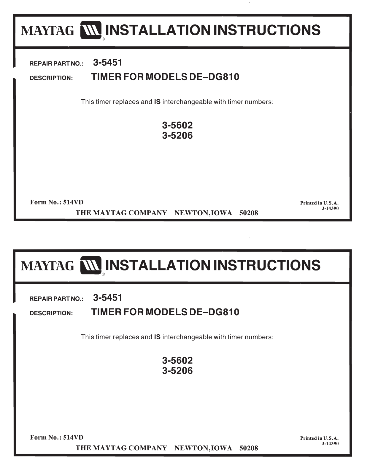 Maytag 3-5451 Instruction Sheet