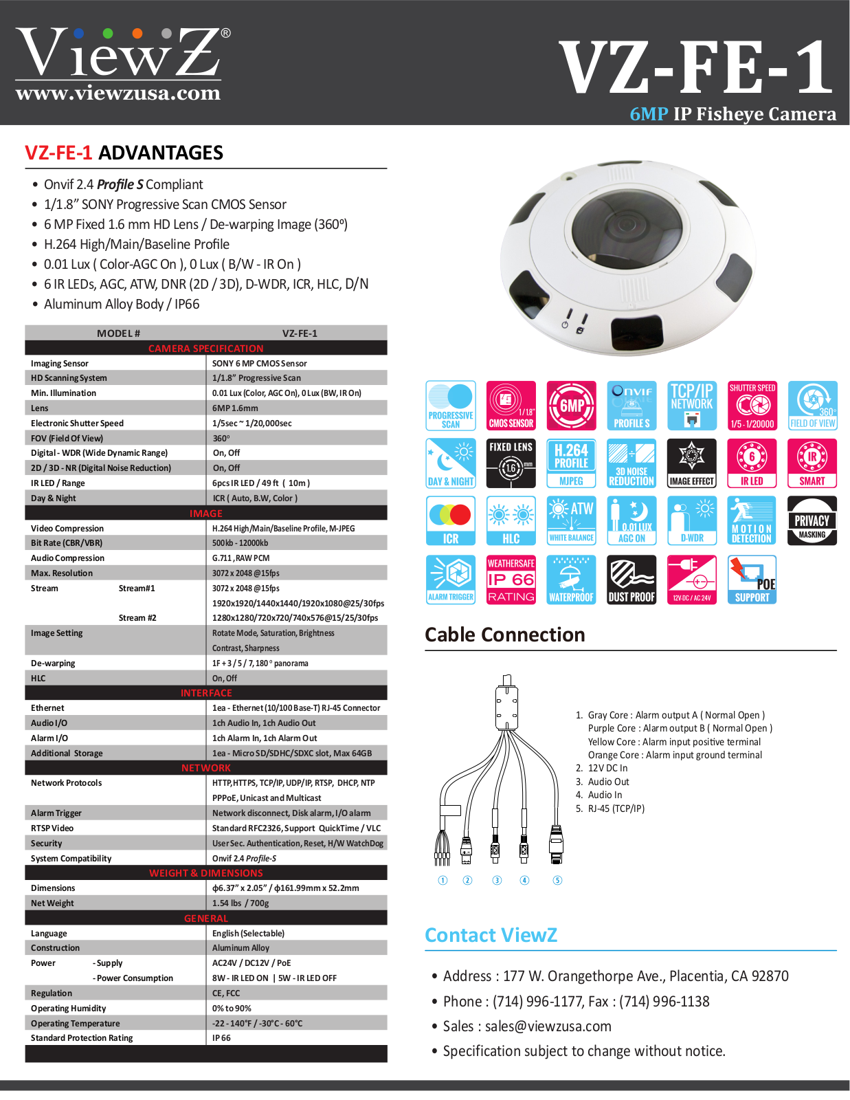 ViewZ VZ-FE-1 Specsheet