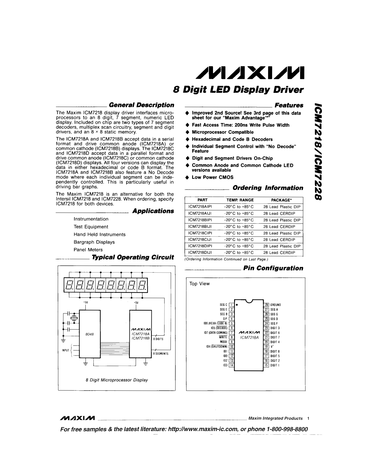 Maxim Integrated Producs ICM7218AID, ICM7218AIJI, ICM7218AIQI, ICM7218DIJI, ICM7218DIPI Datasheet