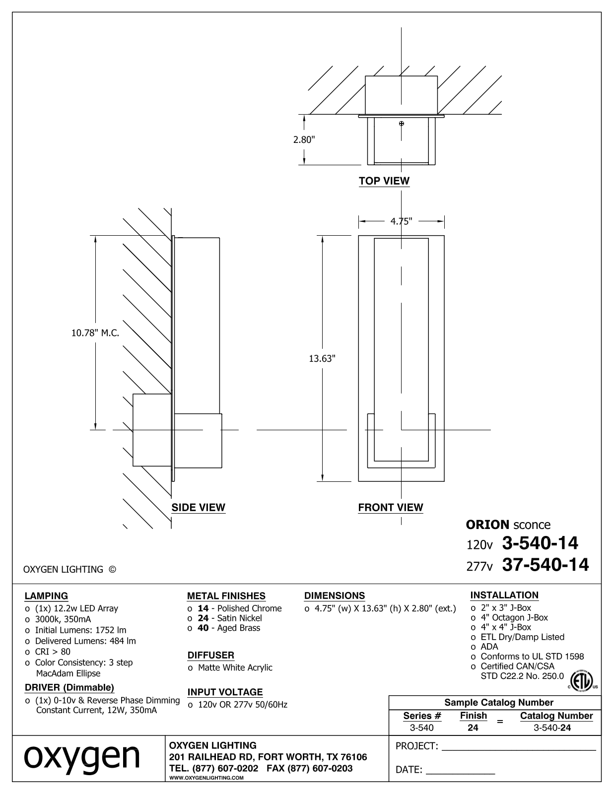 Oxygen Lighting OXGN1247 Specifications - ManualMachine.com