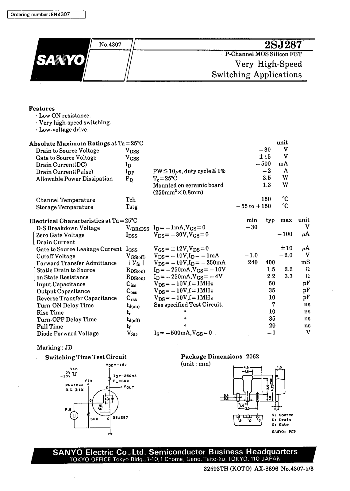 SANYO 2SJ287 Datasheet