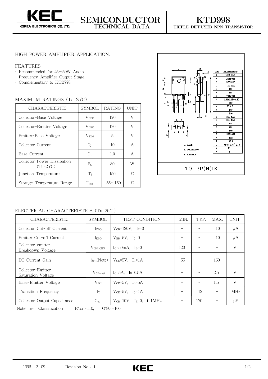 KEC KTD998 Datasheet