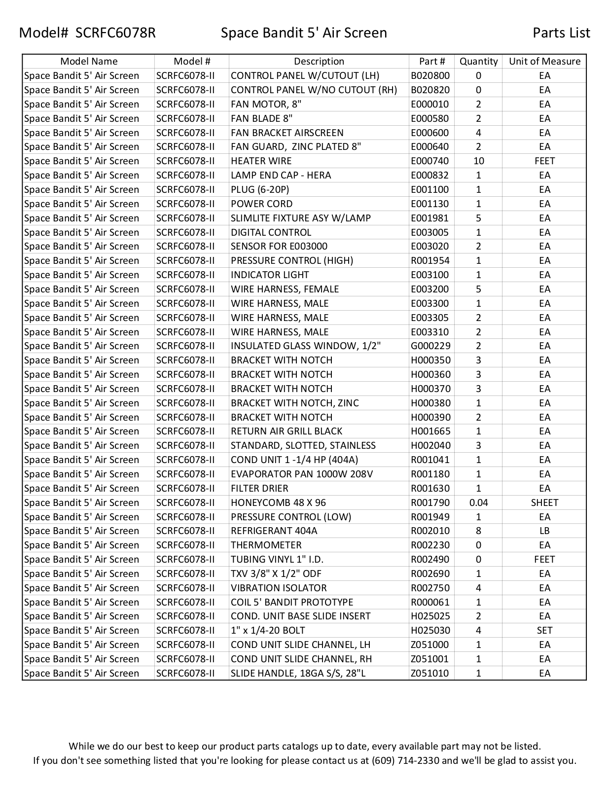 RPI Industries SCRFC6078R Parts List