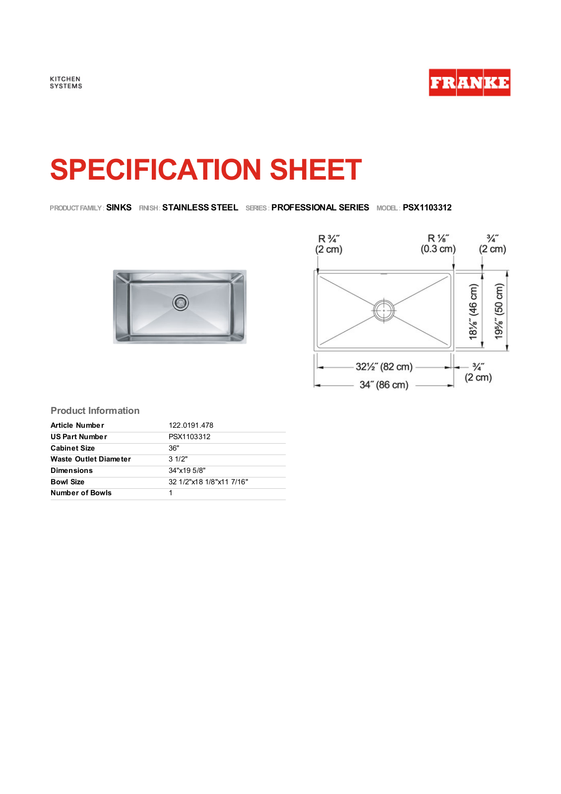 Franke Foodservice PSX1103312 User Manual