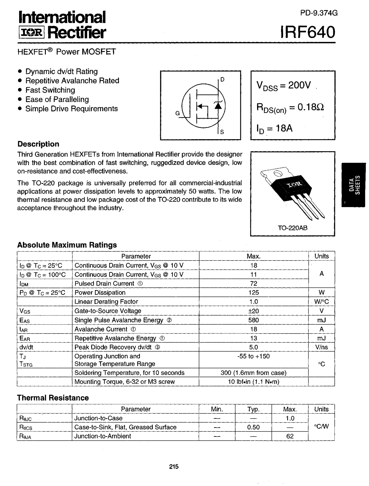 International Rectifier IRF640 Datasheet