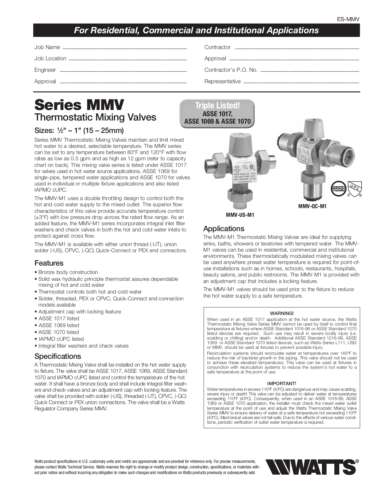 Watts MMV User Manual