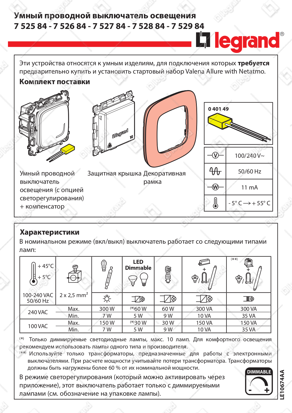 Legrand 7 525 84, 7 526 84, 7 527 84, 7 528 84, 7 529 84 User Manual