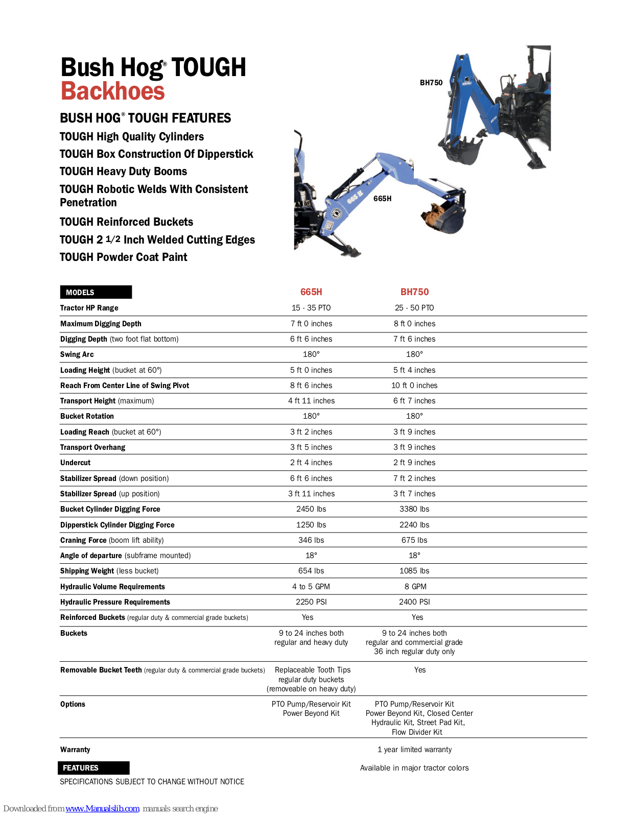 Bush Hog TOUGH 665H, TOUGH BH750 Specifications