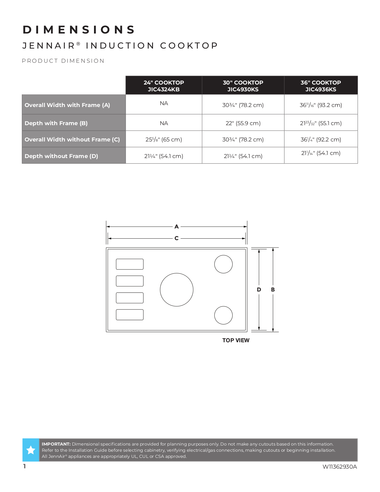 JennAir JIC4324KB PRODUCT SPECIFICATIONS