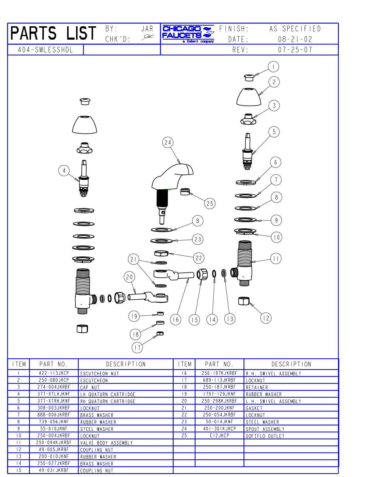 Chicago Faucet 404-SWLESSHDLCP Parts List