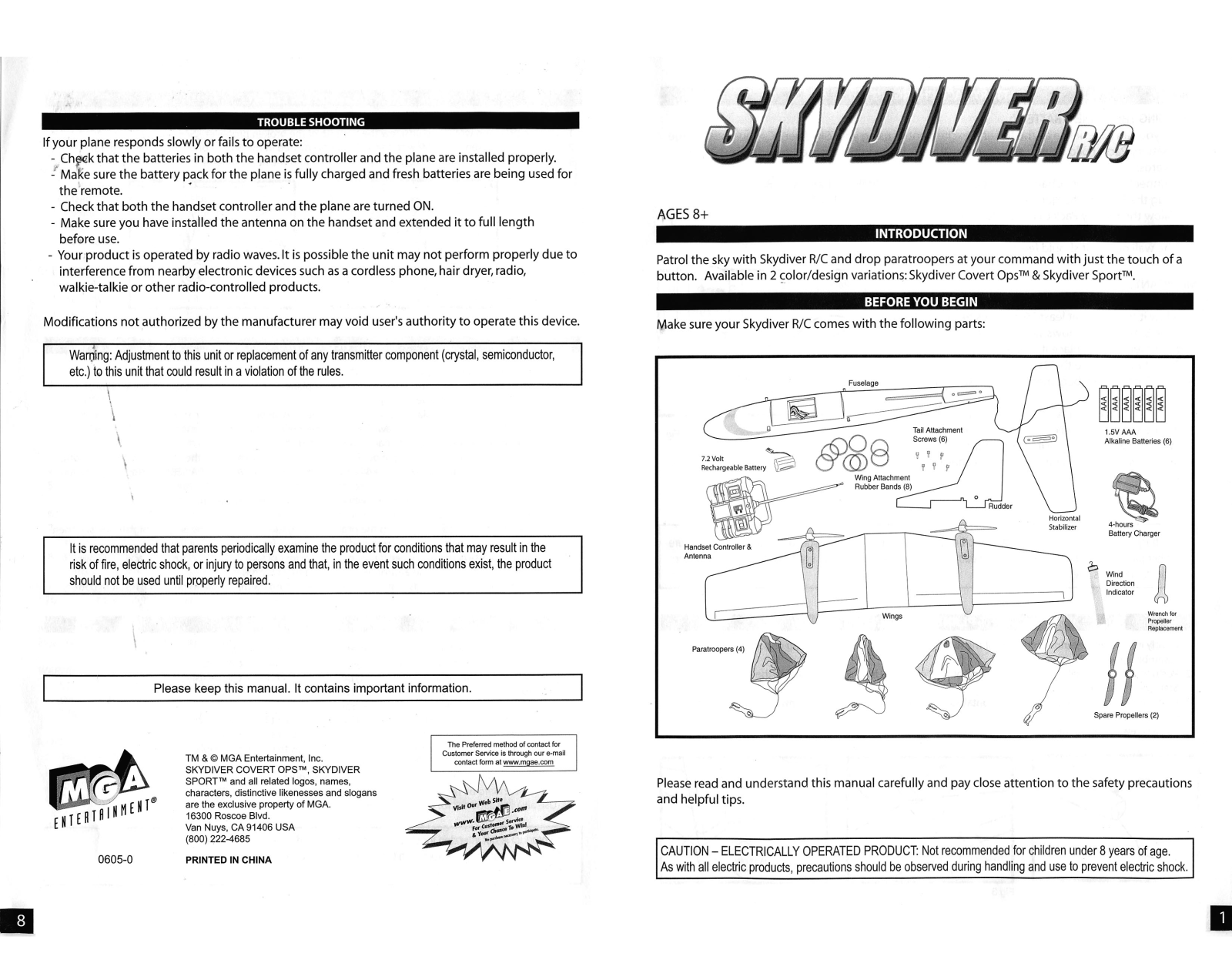 Mga Entertainment SKYDIVER RC 1 8 User Manual