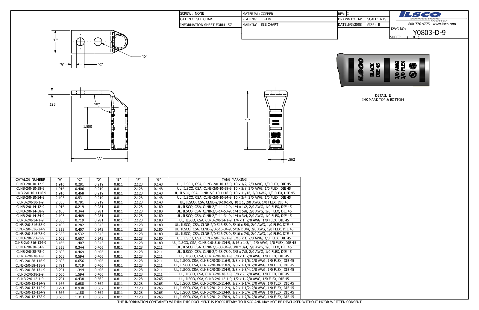 Ilsco CLNB-2/0-38-1-9 Data sheet