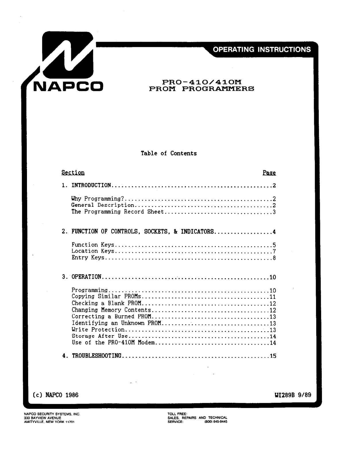 NAPCO PRO410 User Guide