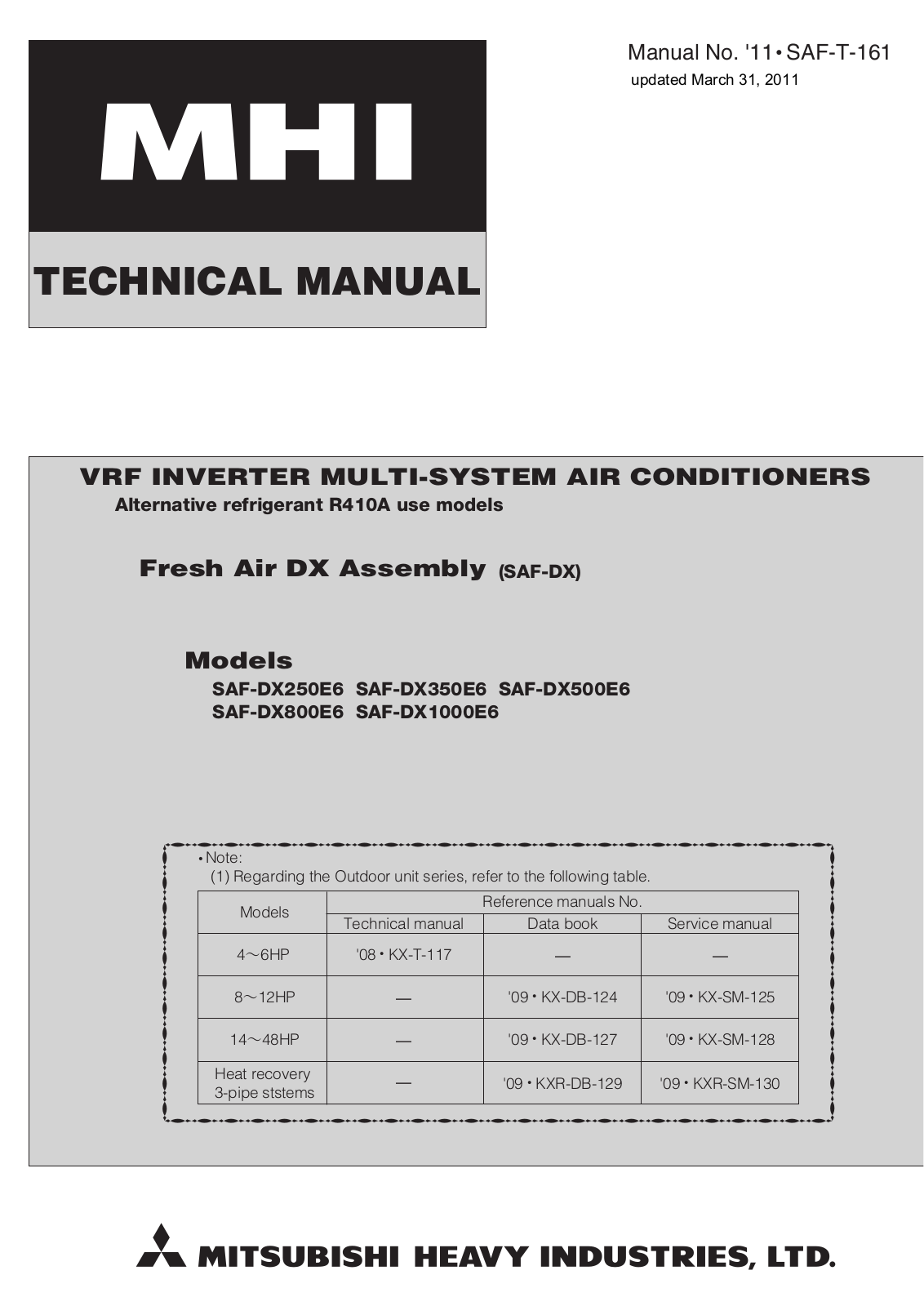 Mitsubishi SAF-DX250E6, SAF-DX350E6, SAF-DX500E6, SAF-DX800E6, SAF-DX1000E6 Service manual