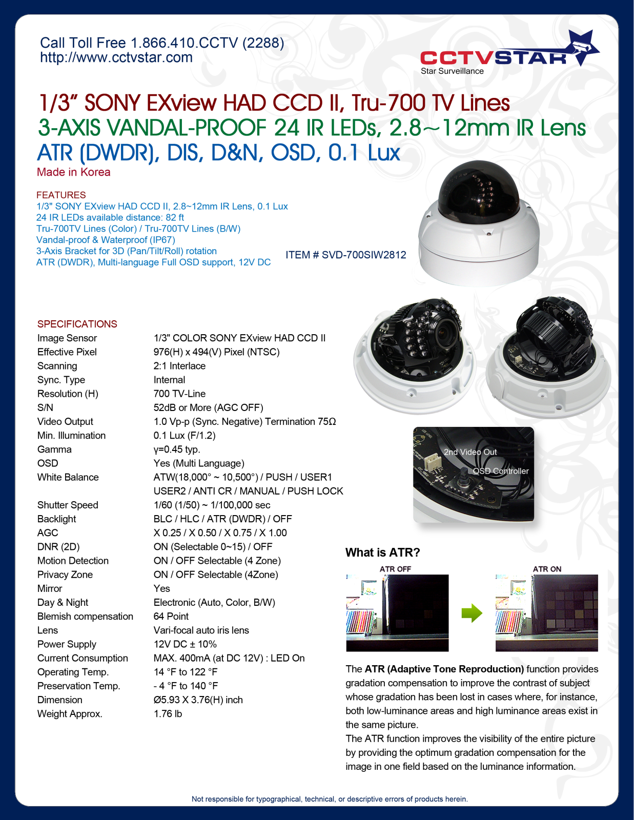 CCTV Star SVD-700SIW2812 Specsheet