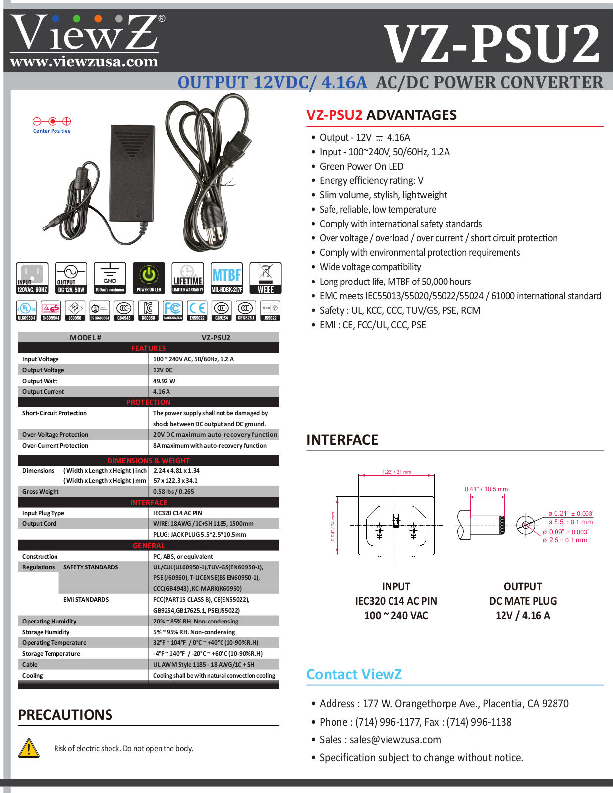 ViewZ VZ-PSU2 Specsheet