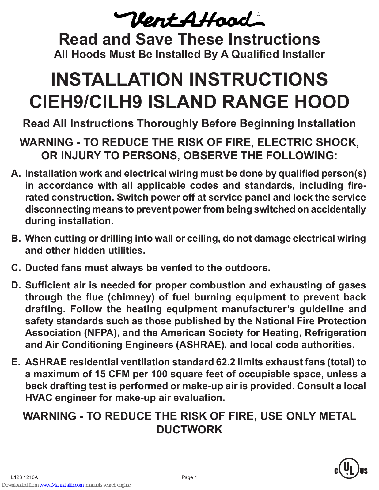 Vent-a-Hood CILH9 ISLAND RANGE HOOD, CIEH9 ISLAND RANGE HOOD Installation Instructions Manual