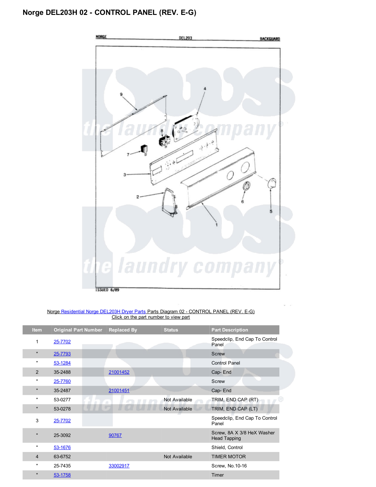 Norge DEL203H Parts Diagram