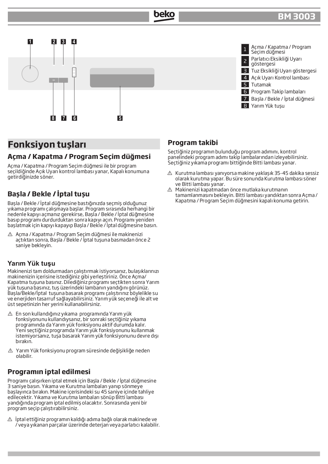 Beko BM 3003 QUICK REFERENCE GUIDE