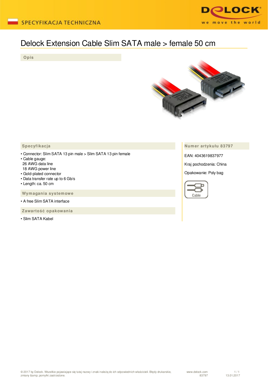 DeLOCK cable extension Slim SATA 13-Pin plug on Slim SATA 13-Pin socket, 0.50m User Manual