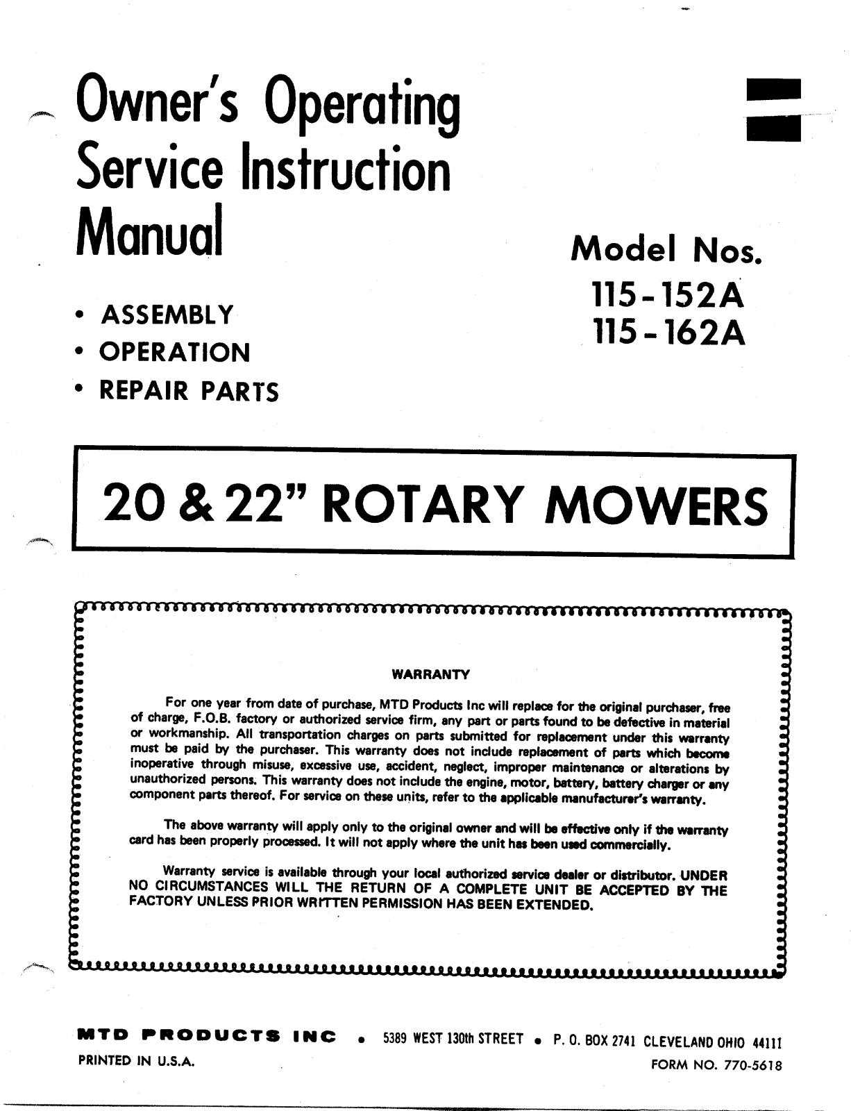 MTD 115-152A, 115-162A User Manual