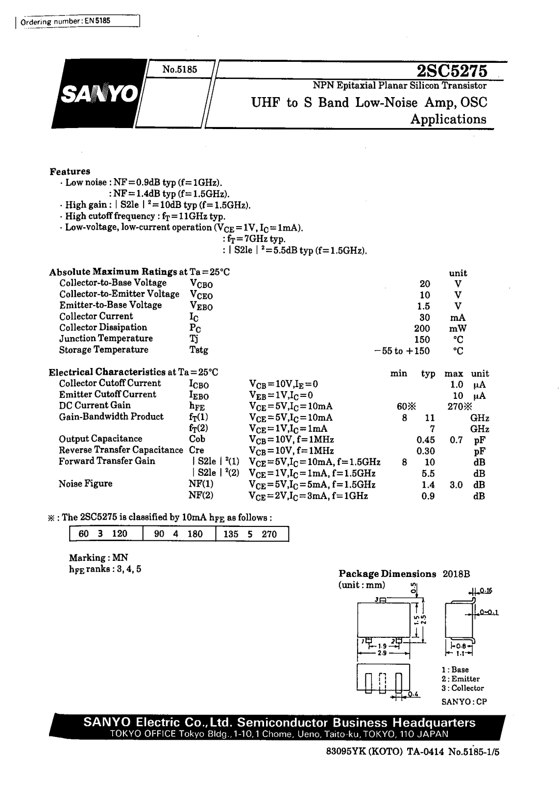 SANYO 2SC5275 Datasheet