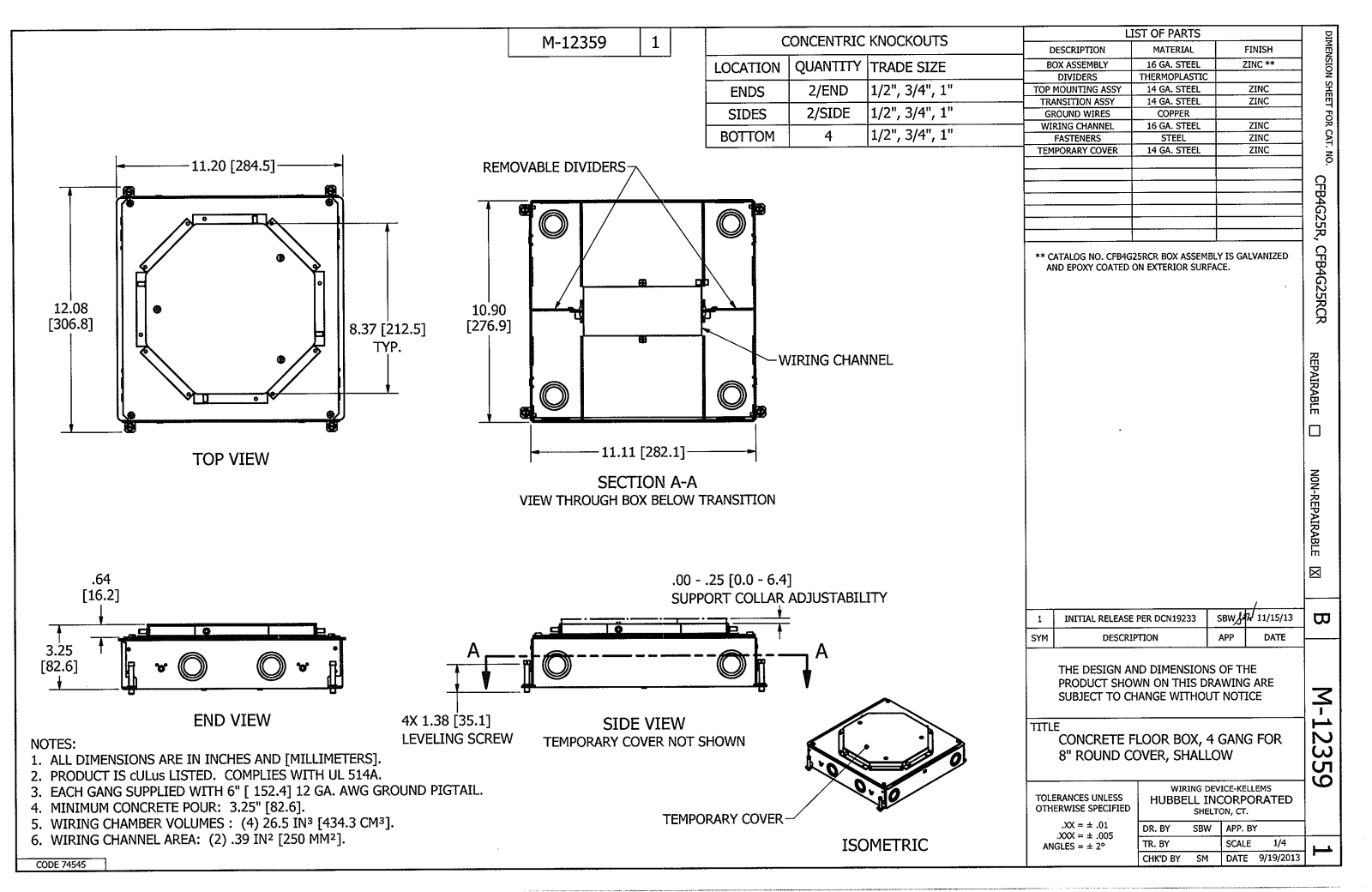 Hubbell CFB4G25RCR Dimensional Sheet