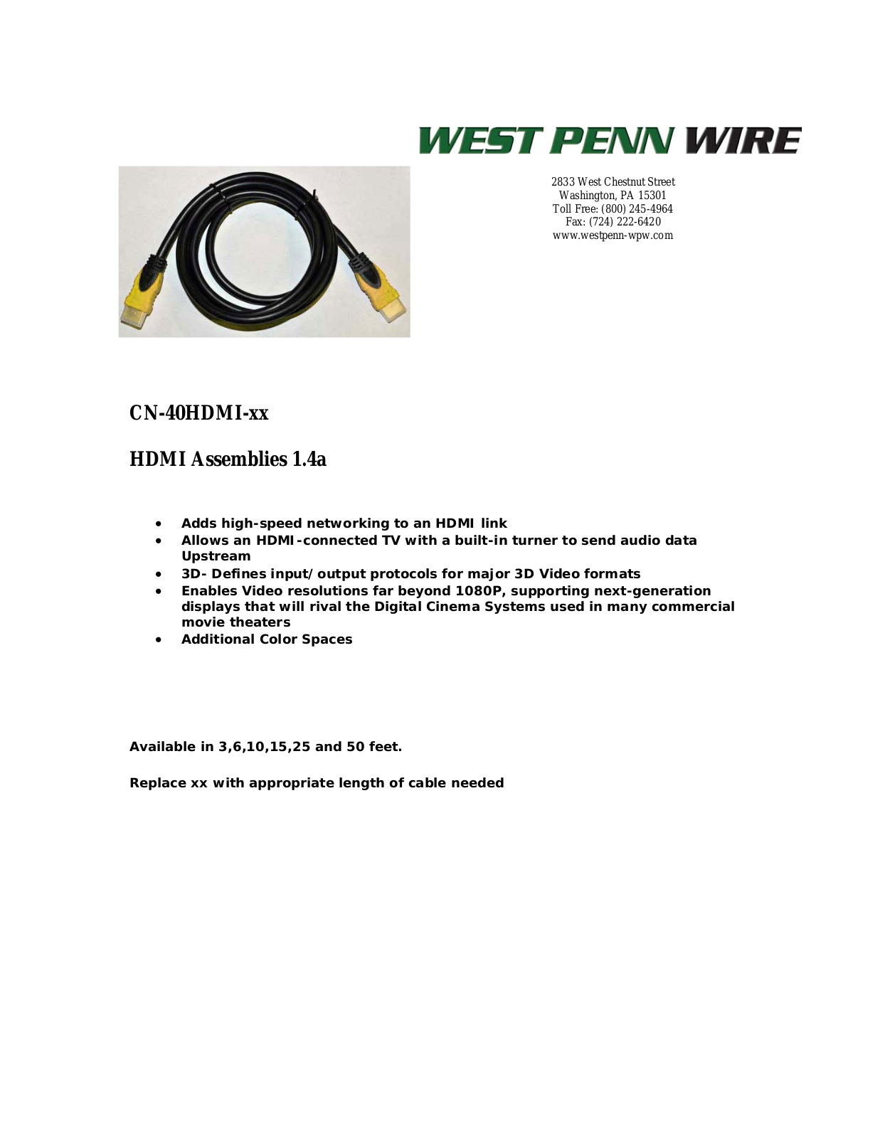 West Penn CN-40HDMI-10, CN-40HDMI-15, CN-40HDMI-25, CN-40HDMI-3, CN-40HDMI-50 Specsheet