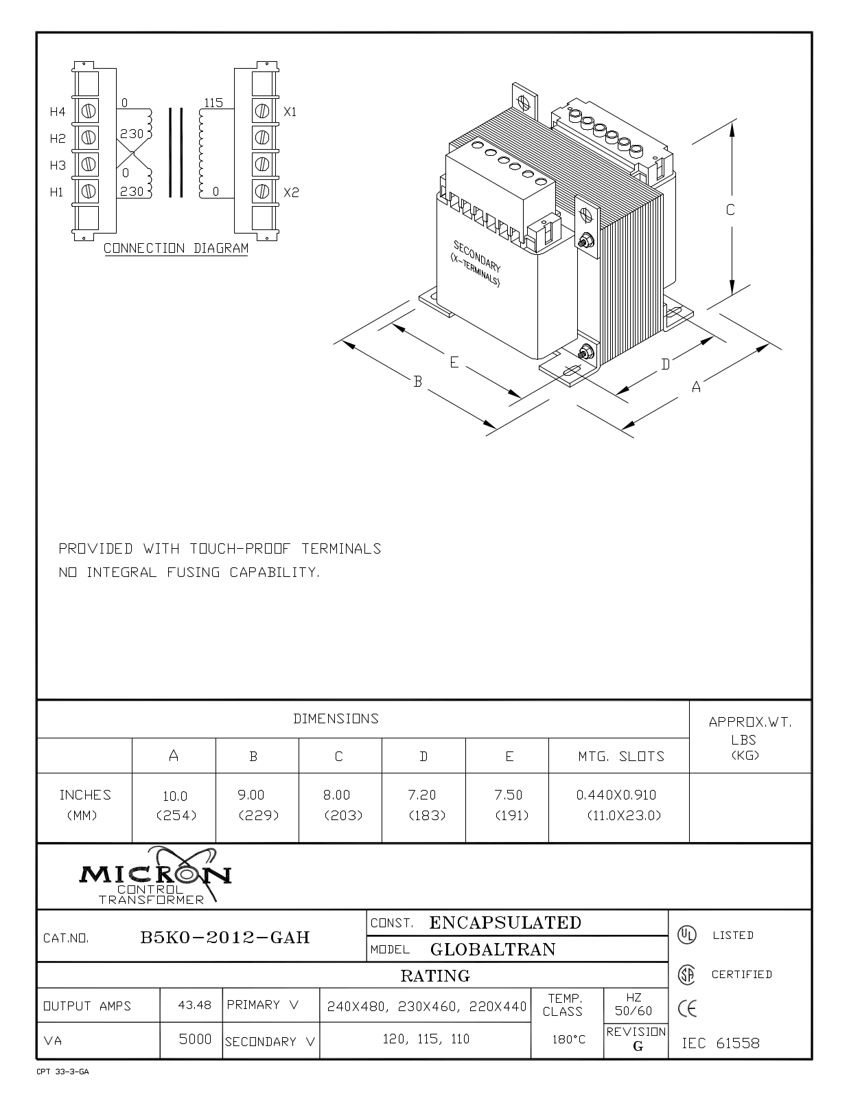 Micron Industries B5K0-2012-GAH Specification Sheet