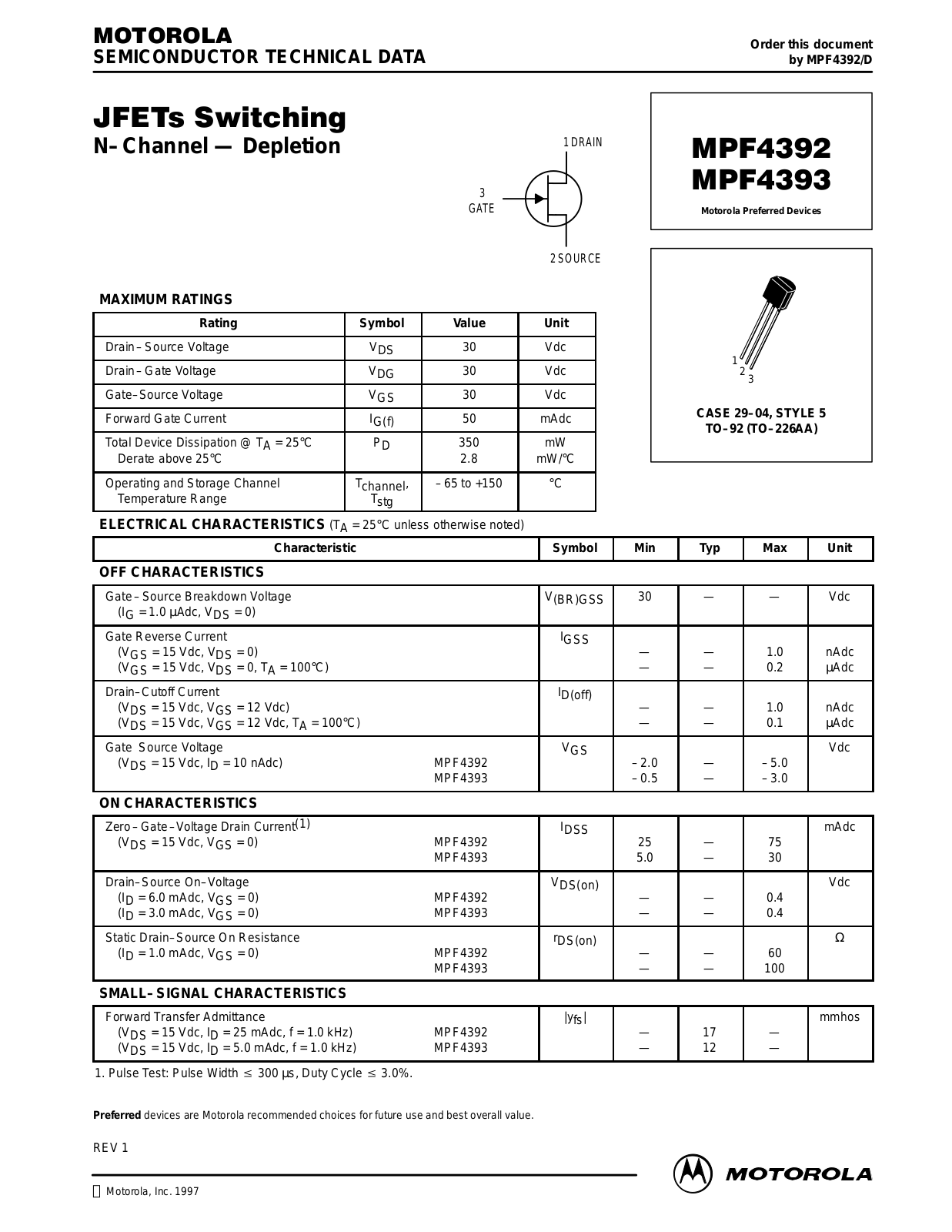 Motorola MPF4393, MPF4392, MPF4393RLRP Datasheet