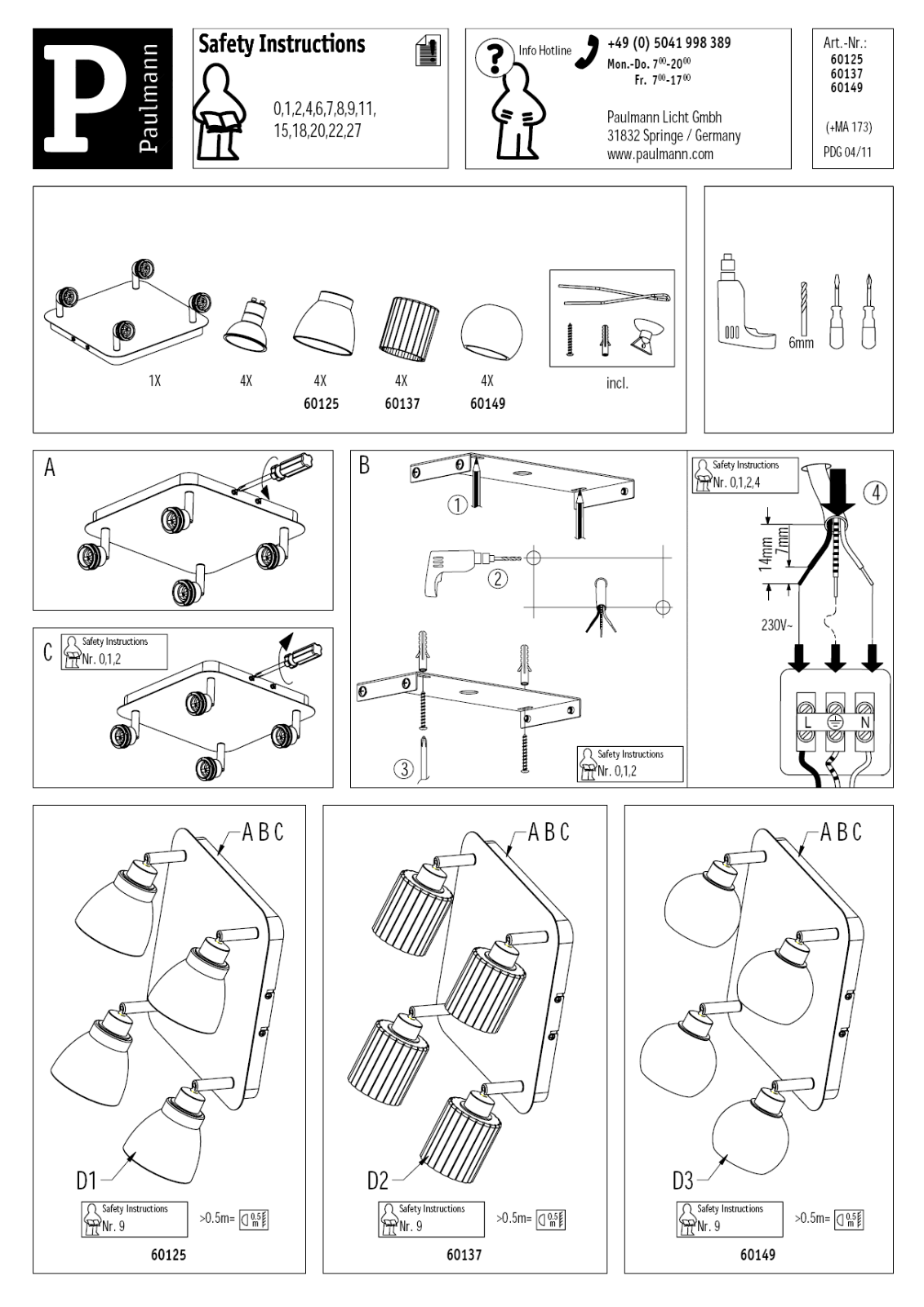 Paulmann 60137, 60125, 60149 Safety instructions - ManualMachine.com