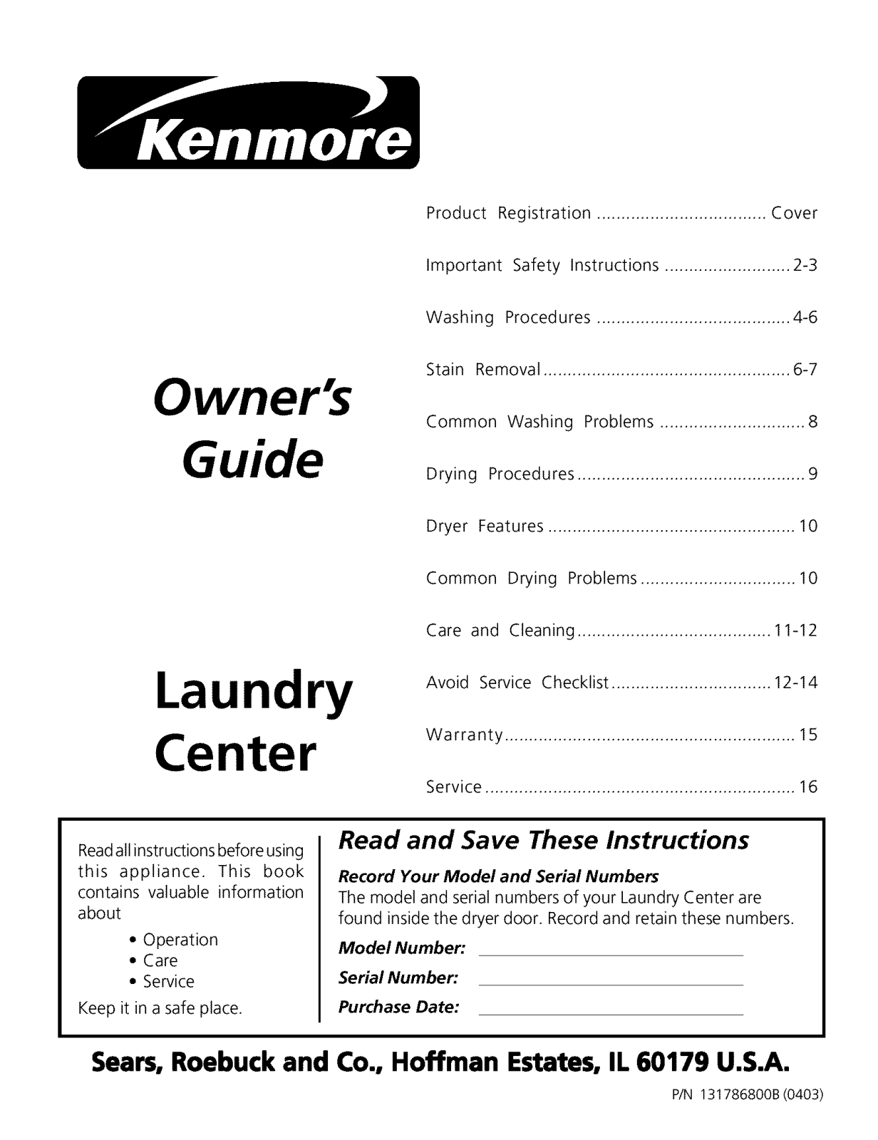 Kenmore 41794814301 Owner’s Manual